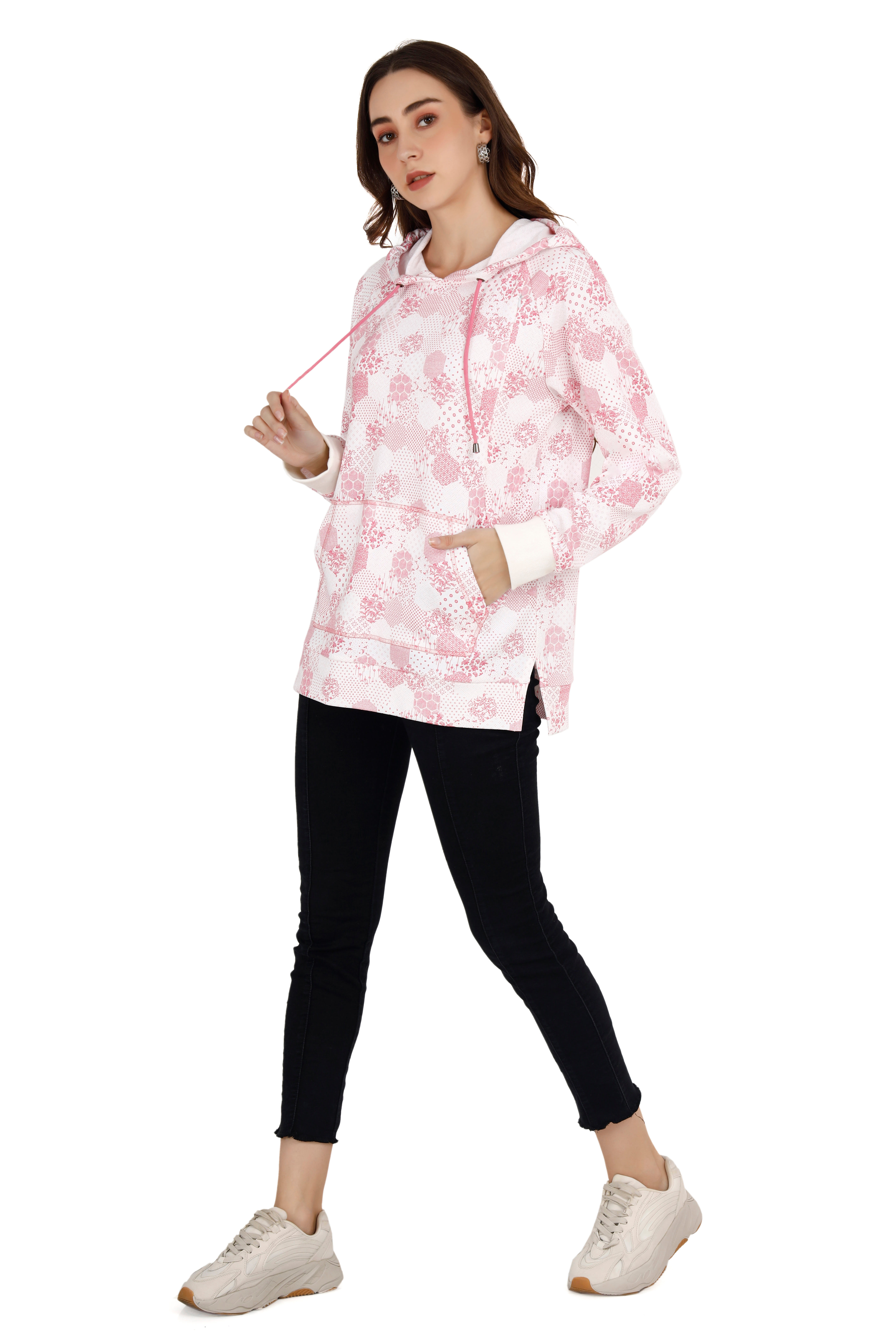 Women's Pink & White Printed Hoodie thumbnail 2
